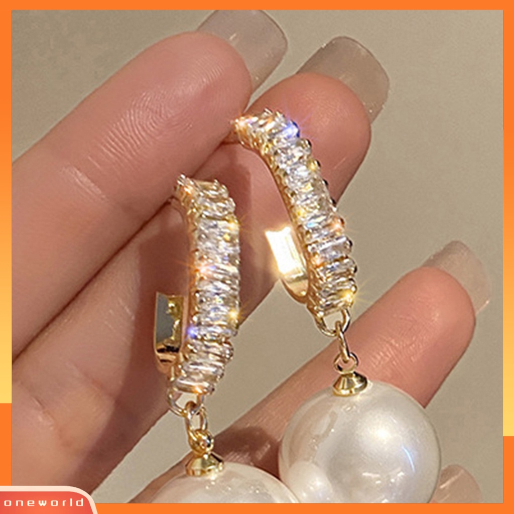 [WOD] 1pasang Anting Menjuntai Cubic Zircon Piercing Korea Fashion Mutiara Imitasi Wanita Besar Liontin Menjuntai Earrings Untuk Pesta