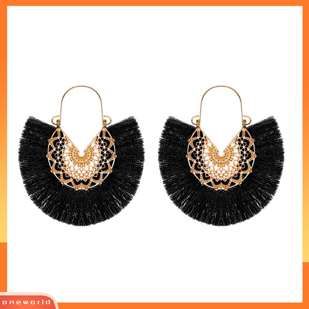 [WOD] Bohemian Wanita Berbentuk Kipas Rumbai Pinggiran Bunga Menjuntai Drop Hoop Earrings Perhiasan