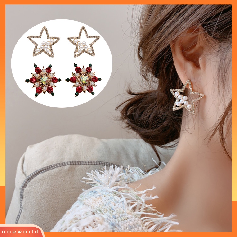 [WOD] Wanita Mutiara Imitasi Berlian Imitasi Snowflake Bintang Menjuntai Ear Stud Earrings Perhiasan Hadiah