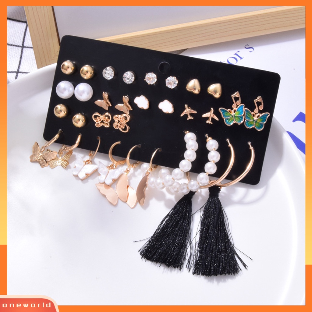 [WOD] 1set Anting Stud Set Gaya Bohemian Multi Bentuk Kupu-Kupu Mutiara Imitasi Rumbai Panjang Anting Gantung Set Perhiasan Pacaran