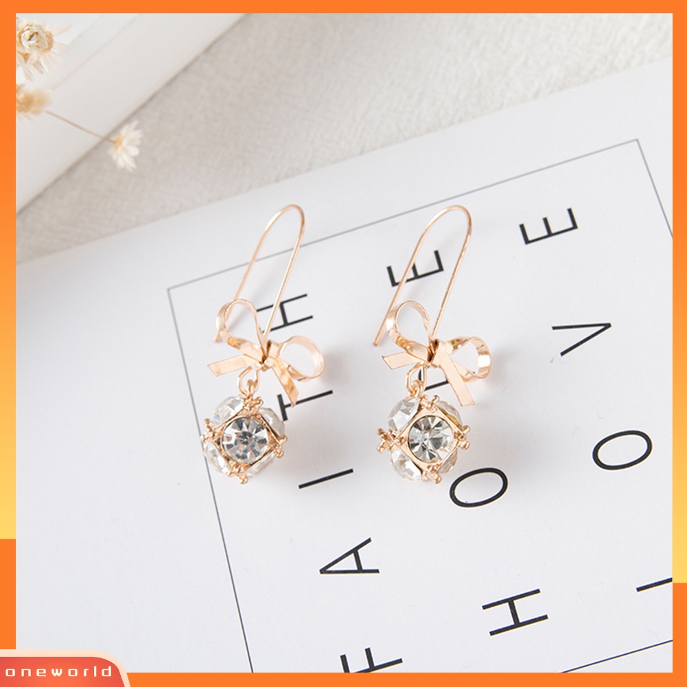 [WOD] Fashion Wanita Busur Berlian Imitasi Mengkilap Bola Menjuntai Kait Anting Pesta Perhiasan Hadiah