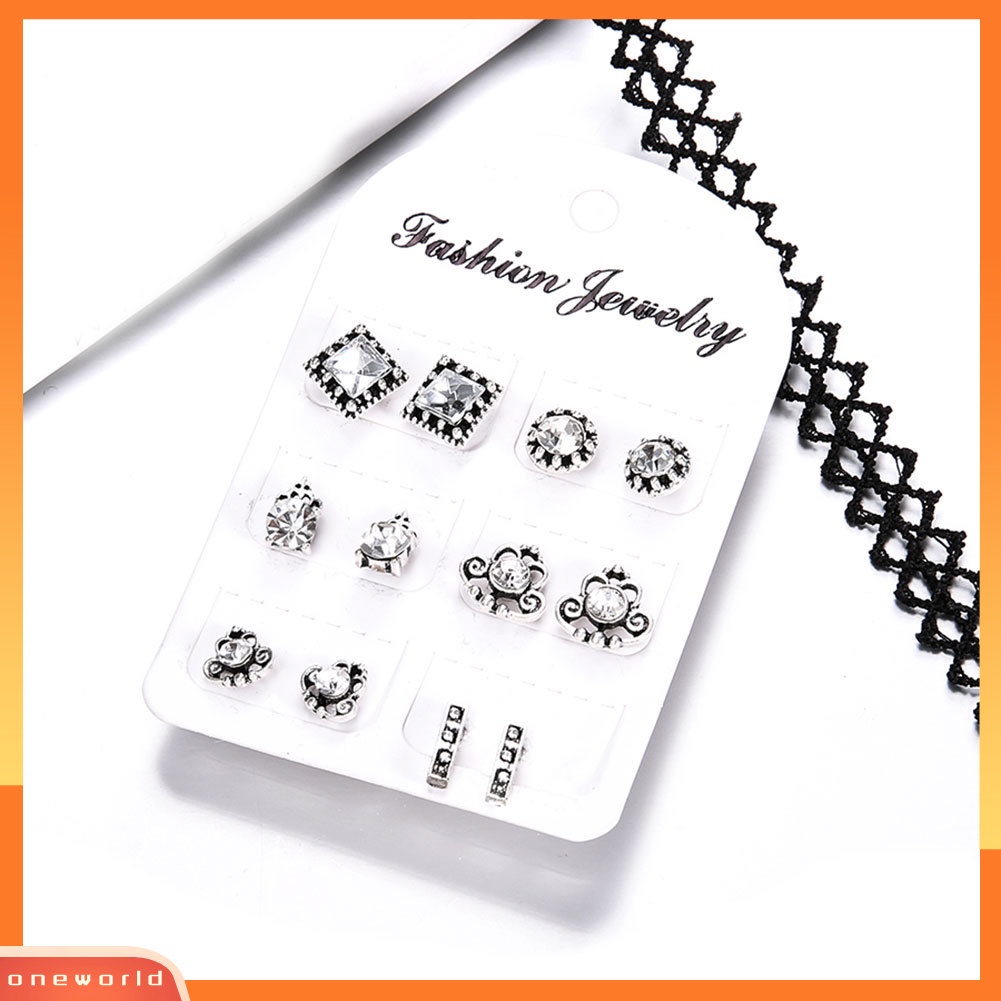 [WOD] 6pasang Campuran Wanita Bohemia Persegi Bulat Mahkota Berlian Imitasi Ear Studs Earrings