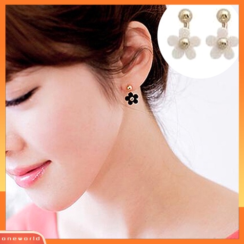 [WOD] Dua Pasang Wanita Daisy Golden Ball Petal Rear Wear Double Side Ear Stud Earrings