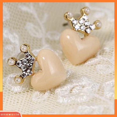 [WOD] 1pasang Fashion Wanita Manis Mutiara Imitasi Berlian Imitasi Mahkota Hati Studs Earrings