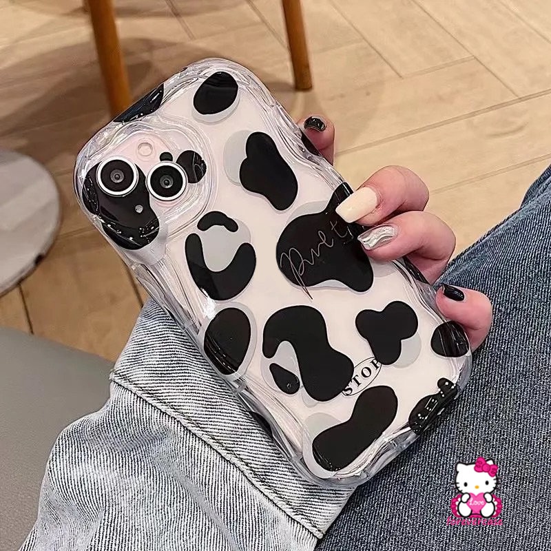 Casing Tepi Melengkung Bergelombang 3D Kompatibel Untuk IPhone 7Plus 8 6s7 6 Plus 11 13 14 12 Pro Max XR XS X Max SE 2020simple Hitam Putih Motif Leopard Ekspresi Lucu Soft Cover