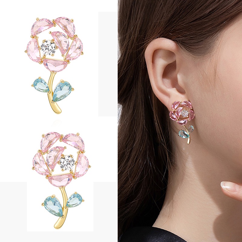 Anting Desain Niche Mewah Cahaya Mawar Berlian Imitasi High-end Pink