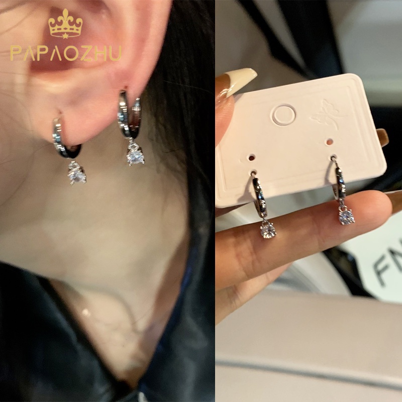 Papaozhu Korea S925 Perak Bersinar Zirkon Anting Hoop Untuk Wanita Gadis Chic Berkilau Kristal Menjuntai Anting-Anting Temperamen Telinga Perhiasan Pakaian Sehari-Hari