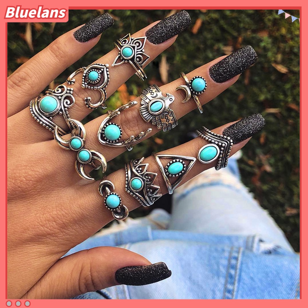 [BLS] 11 Pcs Berongga Bulu Stackable Knuckle Rings Gaya Etnik Bunga Faux Permata Jari Rings Perhiasan Aksesori