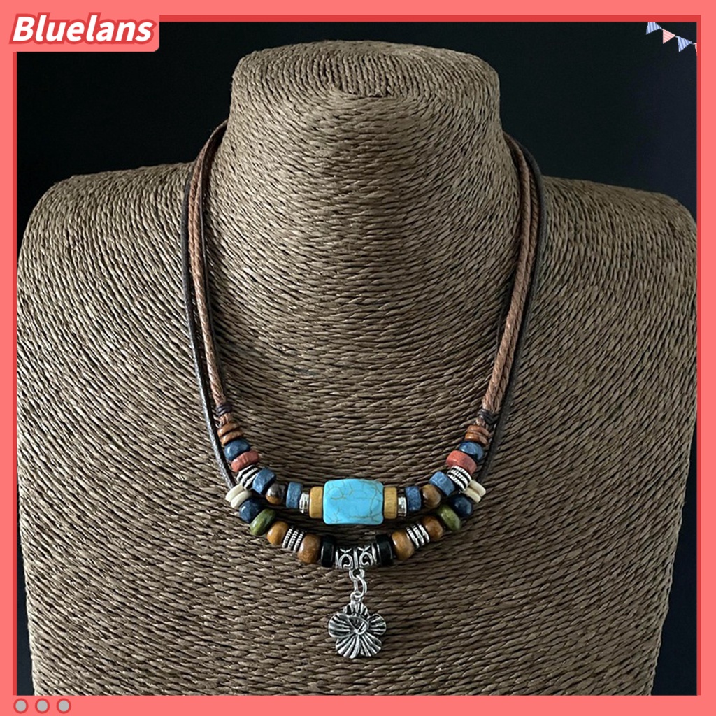 [BLS] Pria Kalung Berlapis Gaya Etnik Logam Bunga Liontin Lilin Tali Manik-Manik Kayu Turquoise Klavikula Rantai Perhiasan Aksesoris