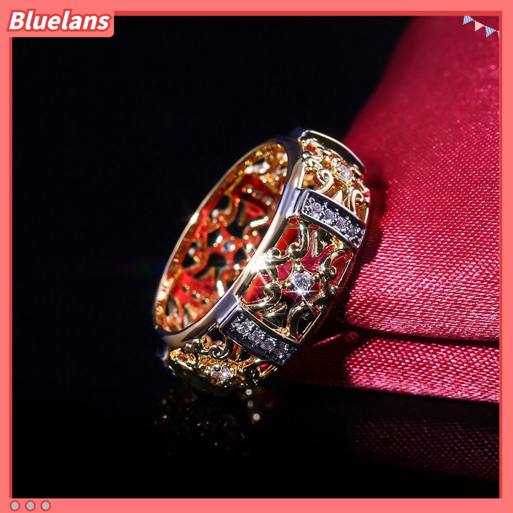 [BLS] Wanita Cincin Gaya Vintage Berongga Ukiran Dua Warna Kuno Bling Cubic Zirconia Ladies Finger Ring Fashion Perhiasan