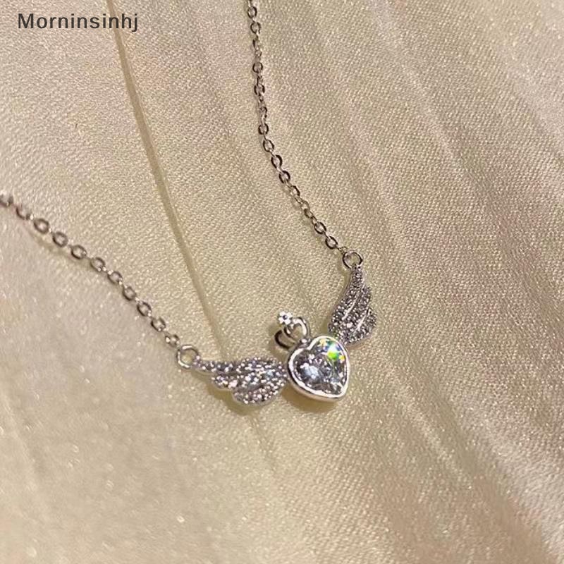 Mornin Gaya Korea Fashion Kristal Hati Sayap Liontin Kalung Warna Silver Mahkota Rantai Klavikula Untuk Wanita Pernikahan Perhiasan Aesthetic id