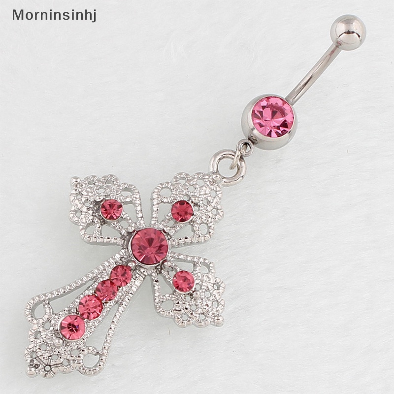 Mornin Bling Kristal Kreatif Cross Belly Rings Stainless Steel Sexy Belly Button Ring Diamond Tertanam Untuk Wanita Perhiasan Tubuh id