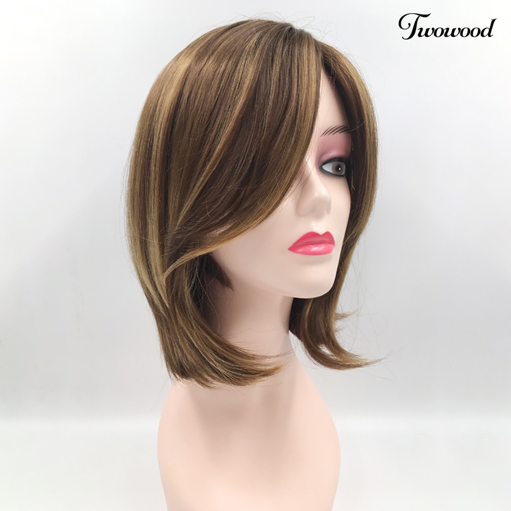 Twowood Warna Campur Pinggiran Samping Panjang Bahu Wanita Wig Pesta Hiasan Rambut Palsu