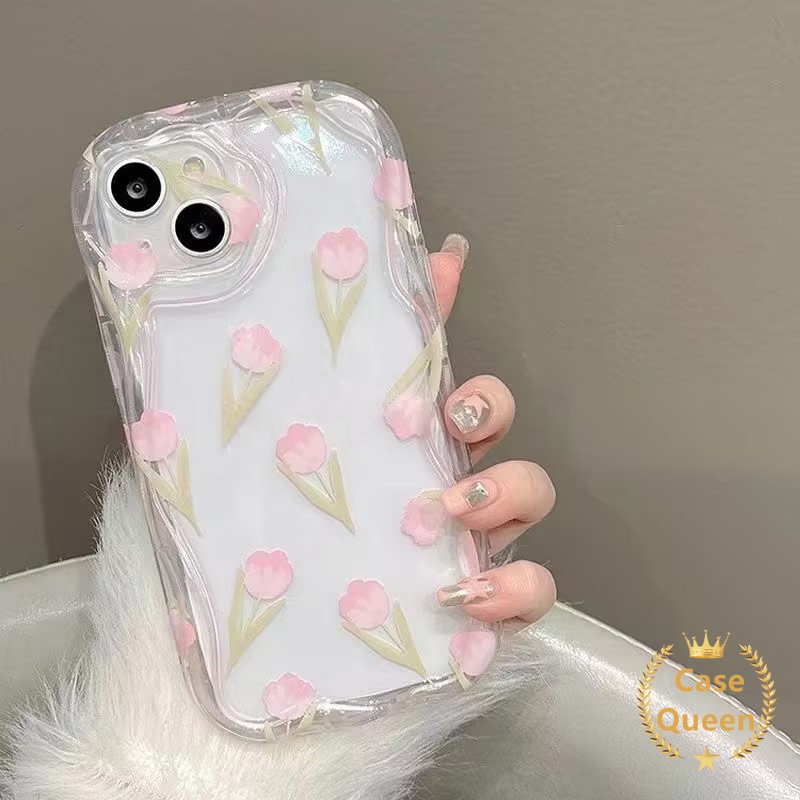 Casing Flroal Bening Mengkilap Tepi Bergelombang 3D Untuk Oppo A77 A33 A12 A11K A57 A35 A16s A54 A17K A5s A12E A16 A17 A77S A7 A15s A15 A53 A3s A32 Lembut Segar Penutup Bunga