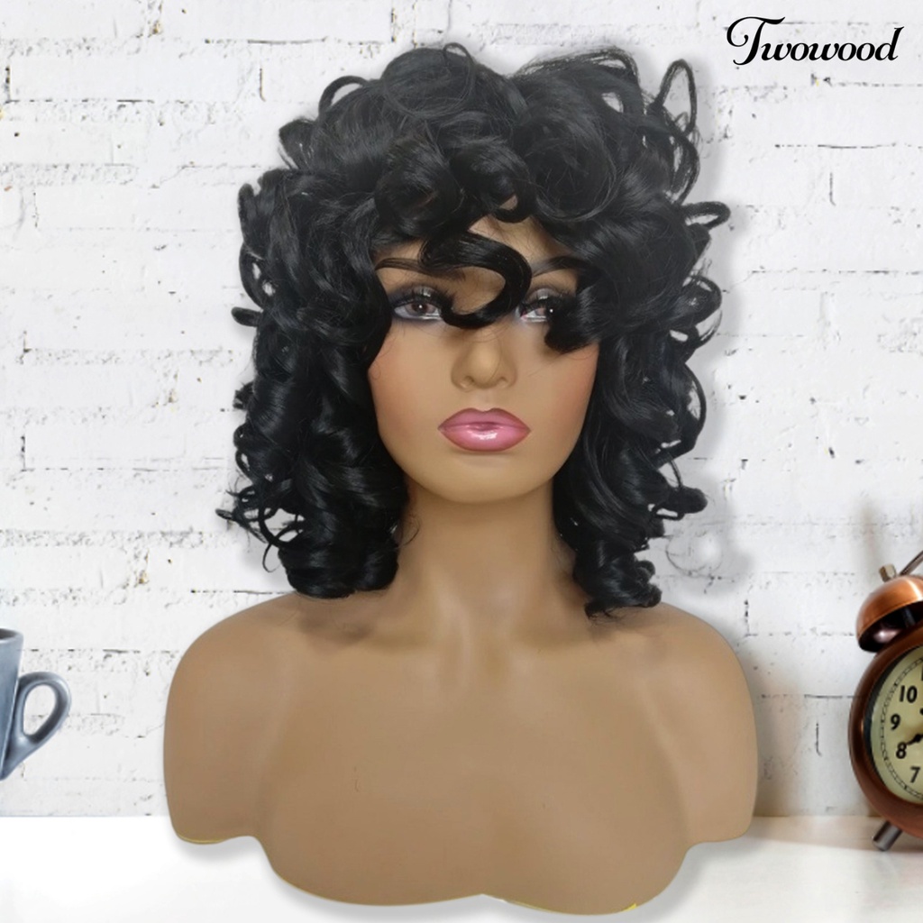 Twowood Curly Hair Wig Fashion Mudah Dipakai Berbulu Trendi Kosmetik Sehat Aksesori Suhu Tinggi Sutra Poni Panjang Keriting Wanita Wig Untuk Kehidupan Sehari-Hari