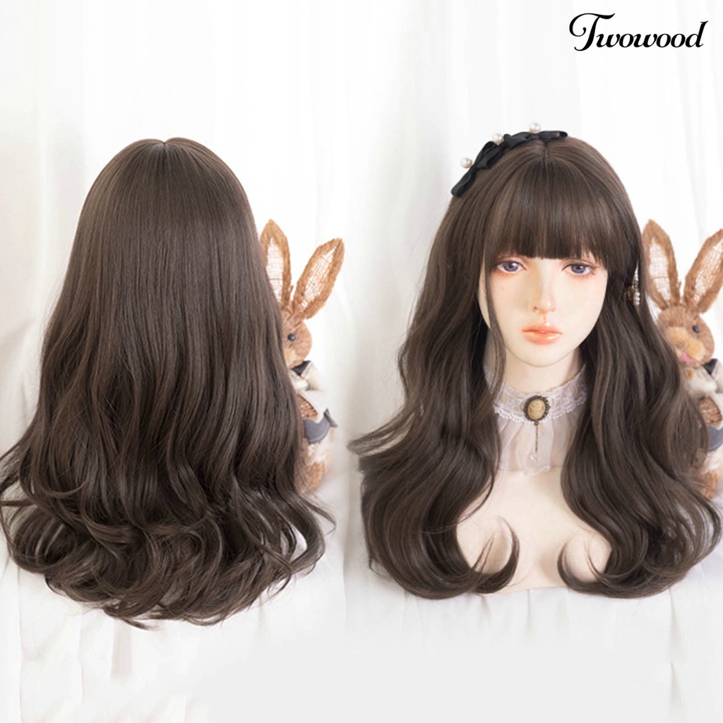 Twowood 1set Wig Wanita No Perm Berbulu Tidak Jatuh Halus Styling Rambut Cakupan Penuh Mid Length Rambut Keriting Wig Dengan Poni Digunakan Wanita