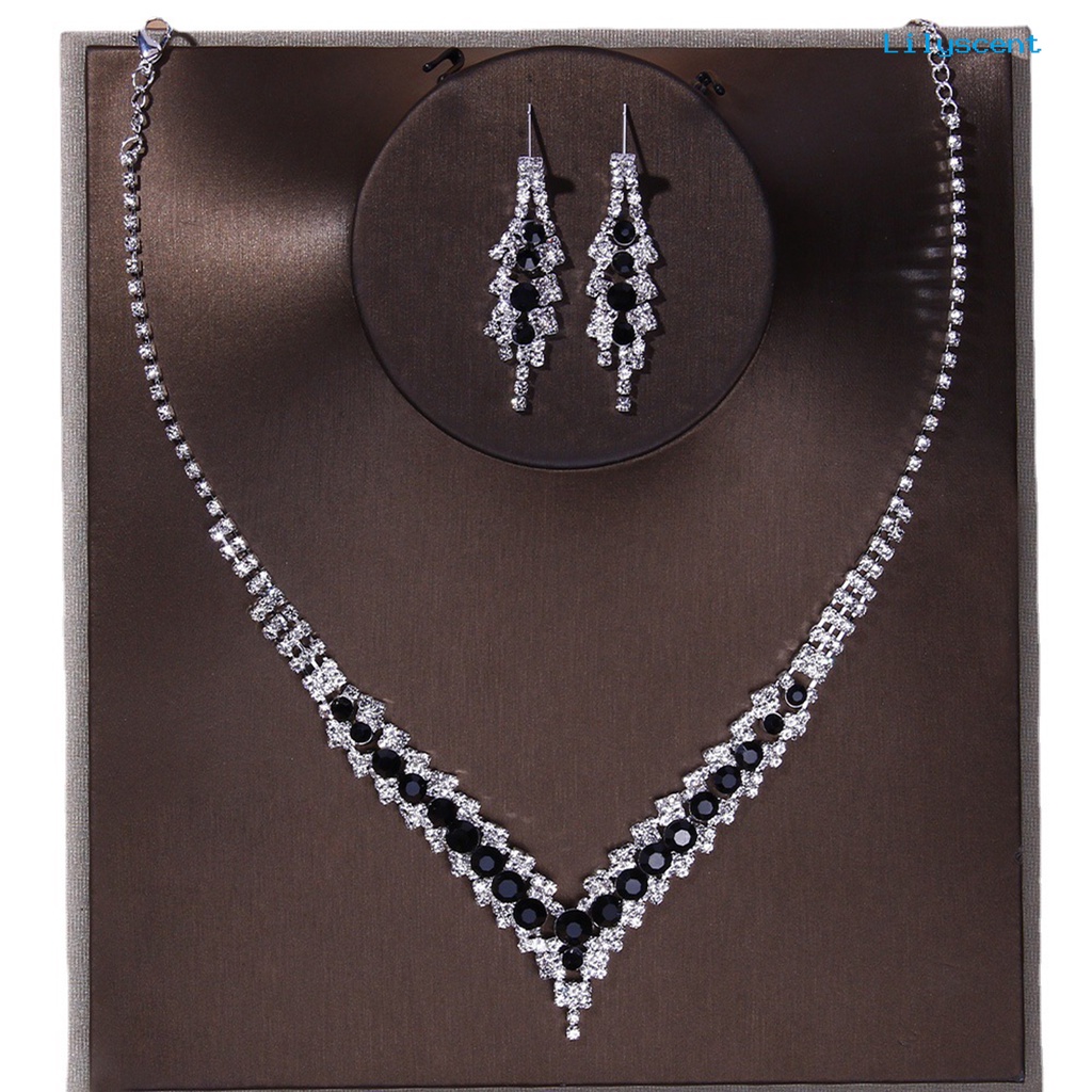 [LS]1 Set Kalung Pengantin Elegan Dainty Temperamen Mulia Berkilau Berwarna Berlian Imitasi Menjuntai Anting Kit Perhiasan Pernikahan