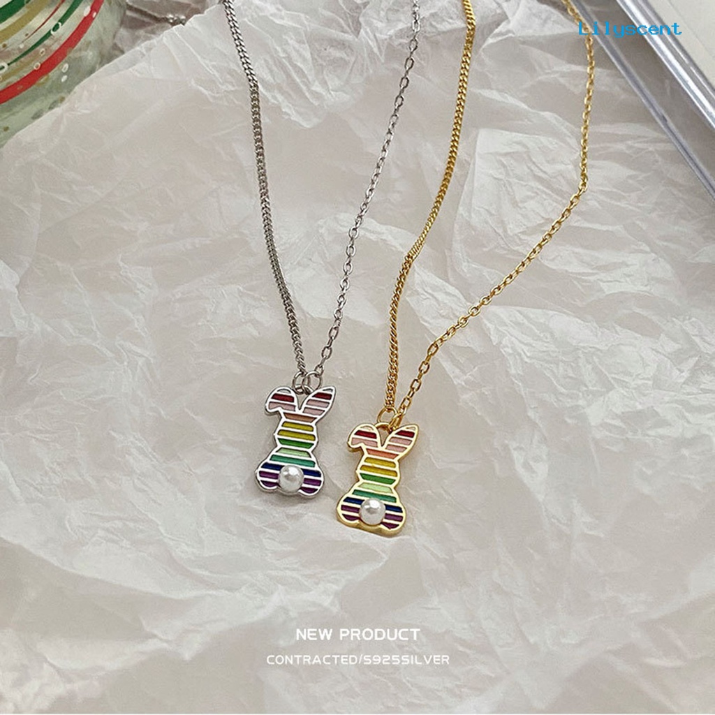 [LS]Wanita Kalung Rainbow-dripping Minyak Bergaris Mutiara Imitasi Elegan Kelinci Liontin Klavikula Kalung Fashion Perhiasan