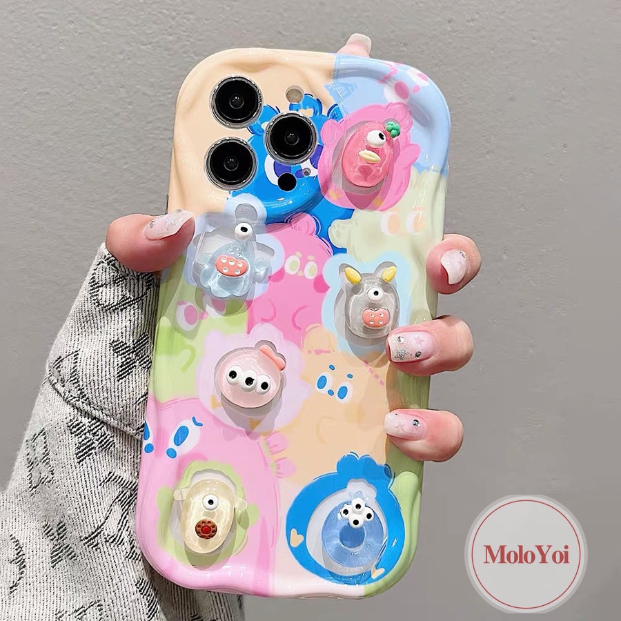 Kartun DIY Boneka Lucu Beruang Monster Bintang Kelinci Pelangi Casing Ponsel Kompatibel Untuk iPhone XR X XS Max11 12 13 14 Pro Max7 6s 8 6 Plus Se2020 3D Tepi Bergelombang Melengkung Glossy Soft Cover