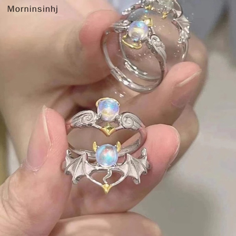 Mornin Fashion Sayap Malaikat Dan Setan Cincin Pasangan Untuk Wanita Gothic Indah Moonstone Adjustable Jari Terbuka Cincin Pria Perhiasan Pesta id