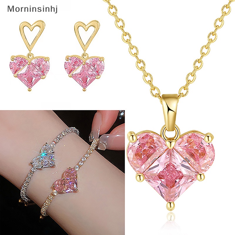 Mornin 1PC/1pasang Cahaya Shiny Zircon Love Adjustable Gelang Untuk Wanita Fashion Berlian Imitasi Penuh Kalung Anting Perhiasan id