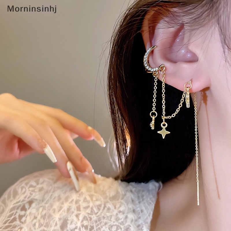 Mornin Fashion Gaya Korea Bintang Bulan Rumbai Anting Untuk Wanita Manset Telinga Keren Perhiasan Rantai Vintage Kristal Earing Hadiah Pesta Ulang Tahun id