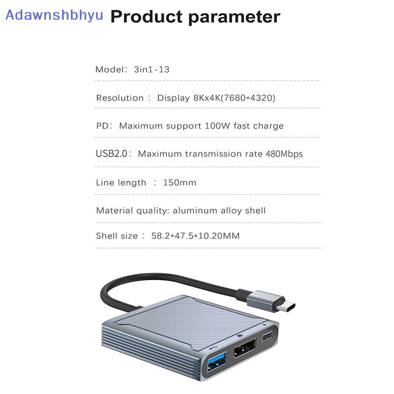 Adhyu 8K 60Hz DP 3in1 Hub Adapter USB C Ke Displayport 4K@120 Tipe C PD 100W ID