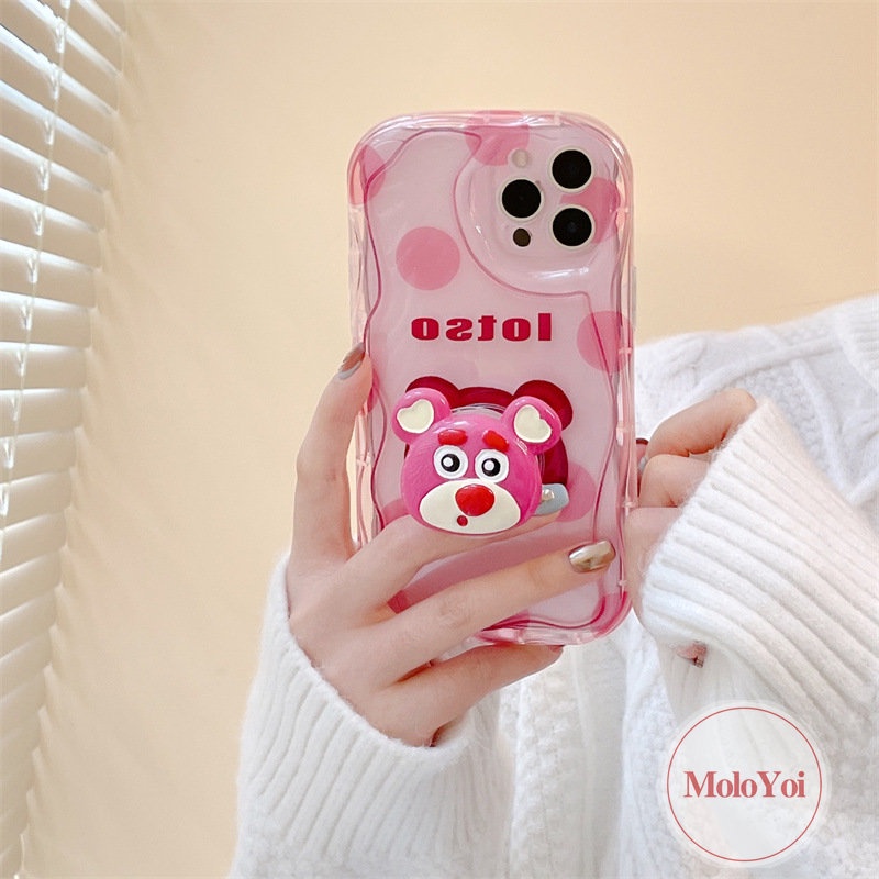 IPHONE Case Ponsel Beruang Strawberry Kartun Kompatibel Untuk Iphone7 6 8 6s Plus 11 13 12 14 Pro Max XR X XS Max 7Plus SE 2020 3D Wavy Curved Edge Holder Cover Dengan Penutup Bracket Manyo Lucu