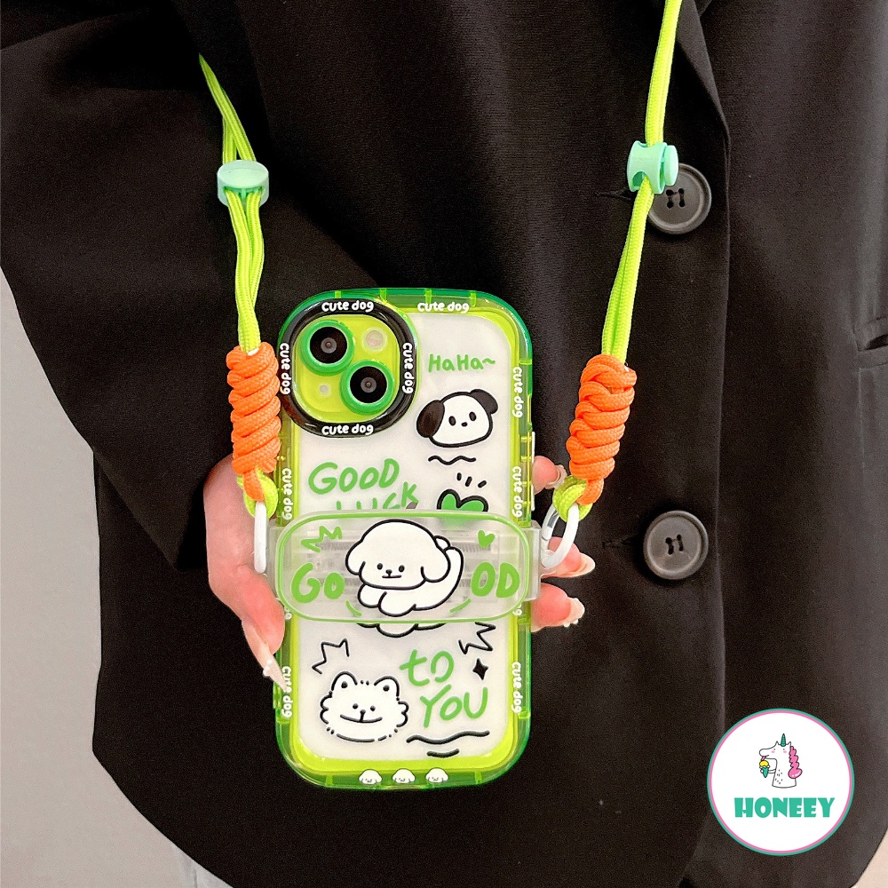 IPHONE Neon Garis Graffiti Anjing Klip Belakang Lanyard Ponsel Case Kompatibel Untuk Iphone14 12 13 Pro Max11 Penuh Bungkus Lensa Drop Cover Pelindung