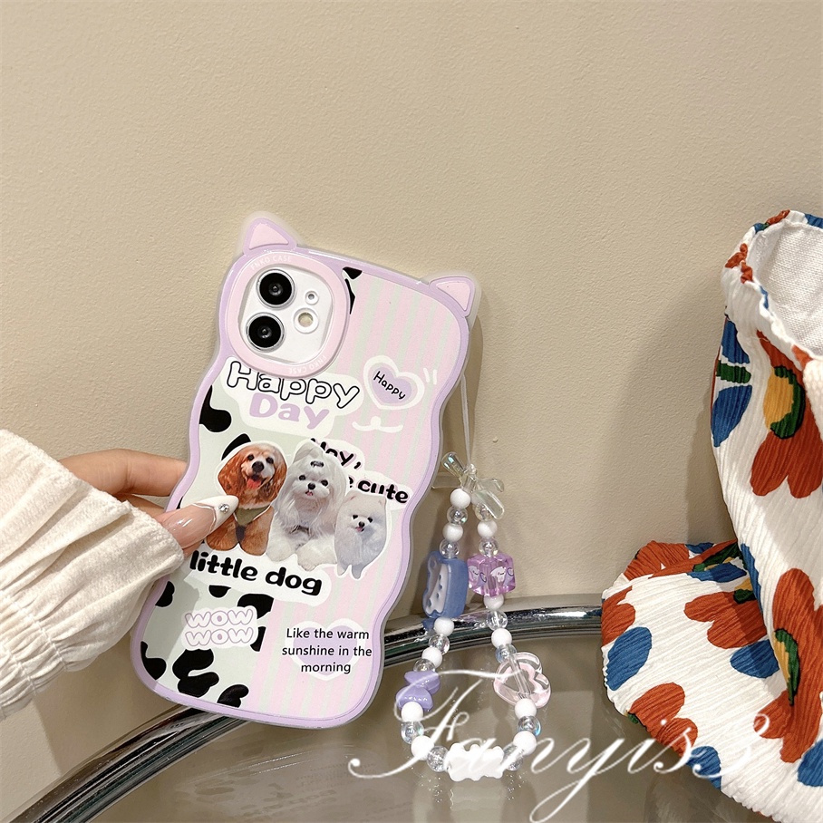 Compatible For iPhone 14 13 12 11 Pro Max X XR Xs Max 8 7 6 6s Plus SE 2020 Kompatibel Untuk Tiga Lucu Mewah Anjing Telinga Kucing Casing Ponsel Bening Lembut Cover Pelindung Dengan Rantai
