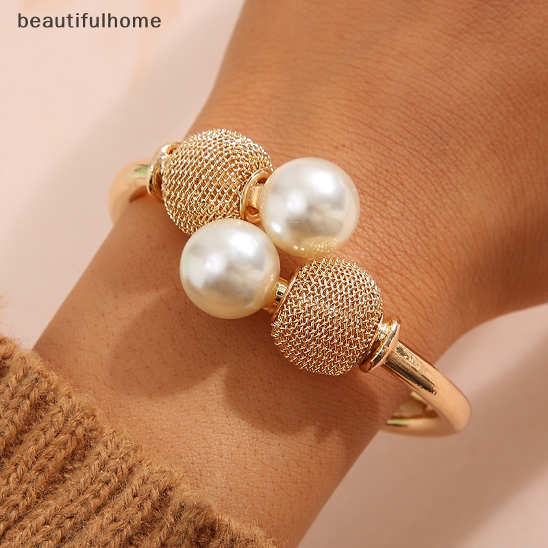 {beautifulhome} Mutiara Warna Emas Manset Gelang Bangles Terbuka Dapat Disesuaikan Untuk Wanita Trendi Pesona Gelang Bangles Pesta Perhiasan Hadiah.