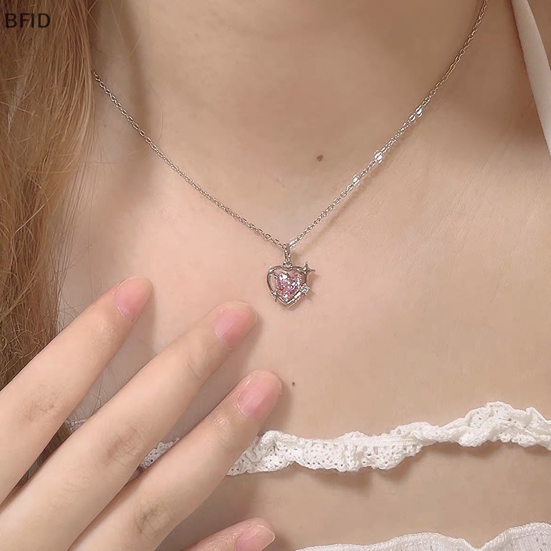 [BFID] Gaya Korea Fashion Vintage Hollow Pink Kristal Jantung Liontin Warna Perak Kalung Rantai Leher Untuk Wanita Perhiasan Pernikahan [ID]