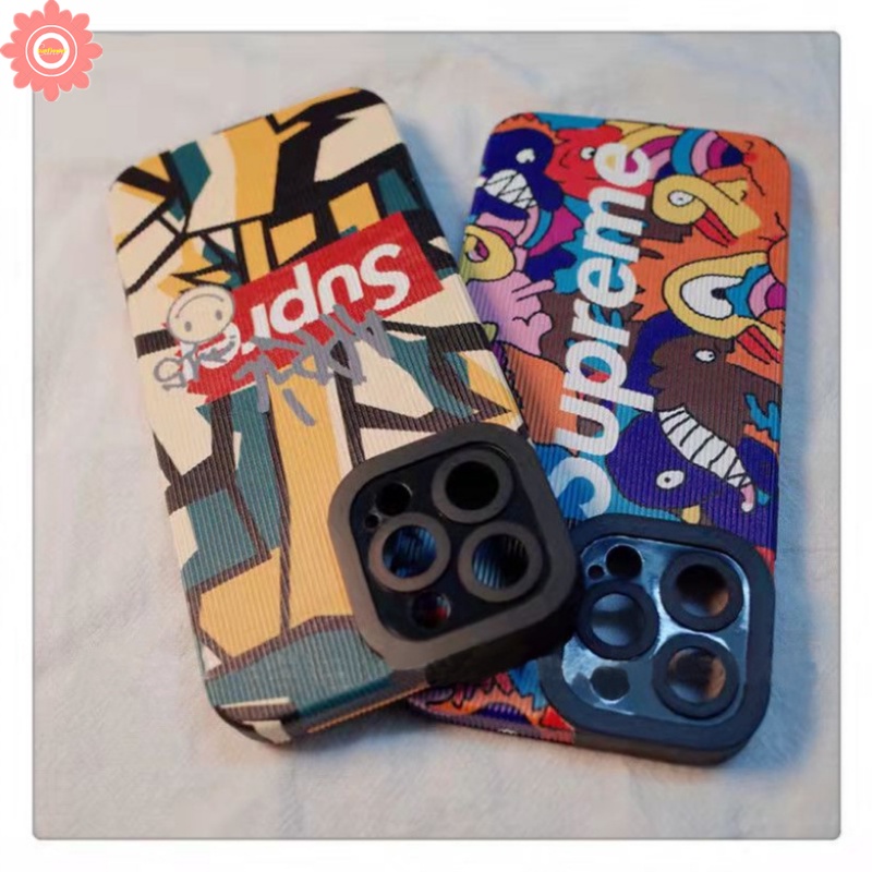 IPHONE Kartun Lucu Graffiti Trendi Merek Supre. me Case Kompatibel Untuk Iphone11 13 14 12 Pro MAX 7Plus XR 78 Plus X XS MAX Shockproof Mewah Tekstur Kulit Soft Cover