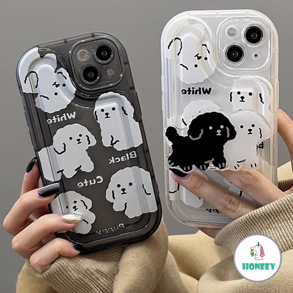 Fashion Hitam Putih Puppy Phone Case Kompatibel Untuk iPhone 14 Pro Max13 12 11 Pro Max Case iPhone 11xr Kartun Berdiri Lembut TPU Penutup Belakang