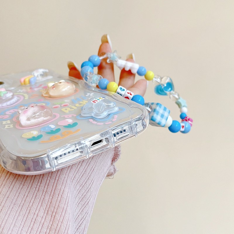 3D Clear Crystal Hand Made Diy Cute Cream Rabbit Bear Flower Soft Case IPhone 11 12 13 14 Pro Max New Apple for Women Girls Gift Bracelet Airbag Case