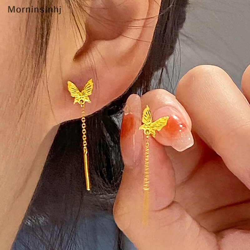 Mornin 1pasang Warna Emas Kupu-Kupu Rumbai Kawat Telinga Fashion Drop Ear Line Anting Gantung Panjang Untuk Wanita Aksesoris Telinga Perhiasan id