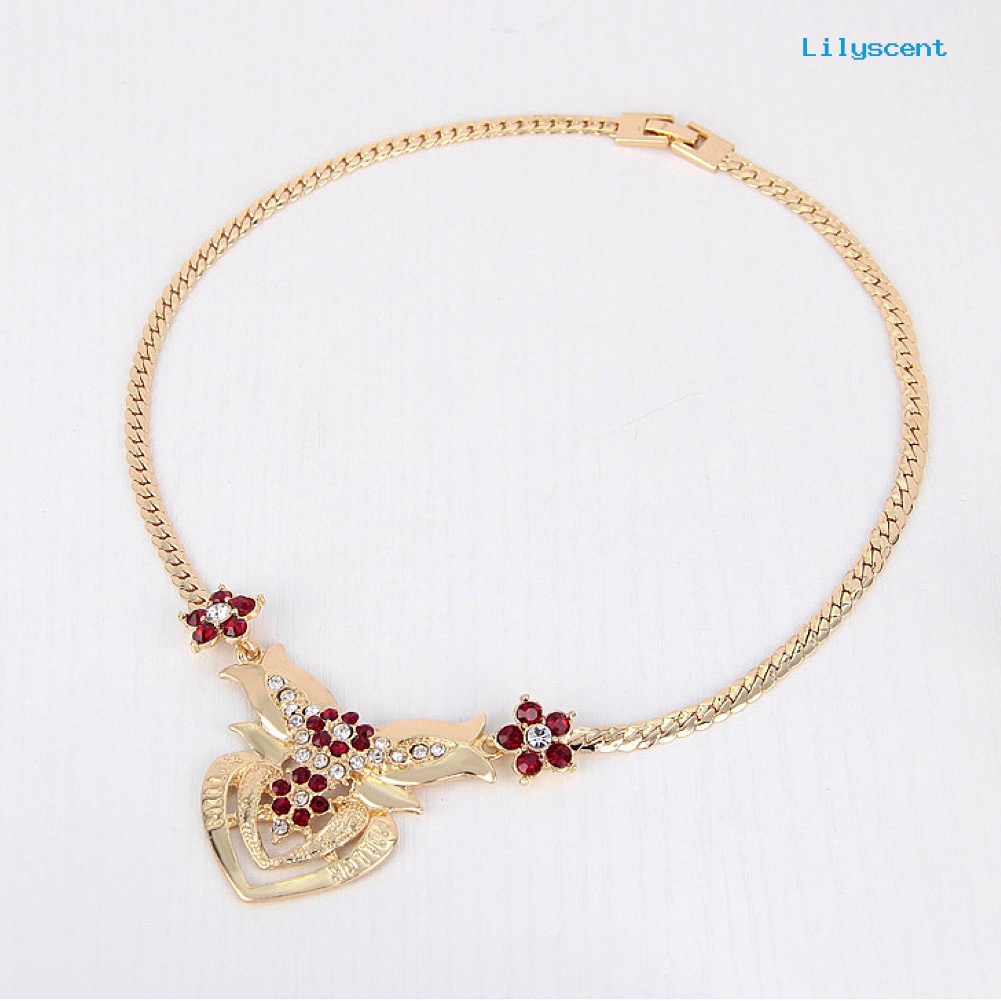 [LS]Rhinestone Heart Flower Kalung Stud Anting Cincin Gelang Wanita Set Perhiasan