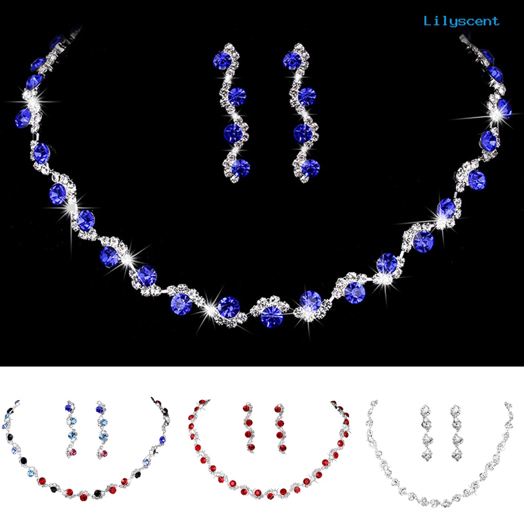 [LS]1 Set Anting Kalung Set Geometris Berlian Imitasi Perhiasan Set Perhiasan Pengantin Berlapis Mengkilap Untuk Prom