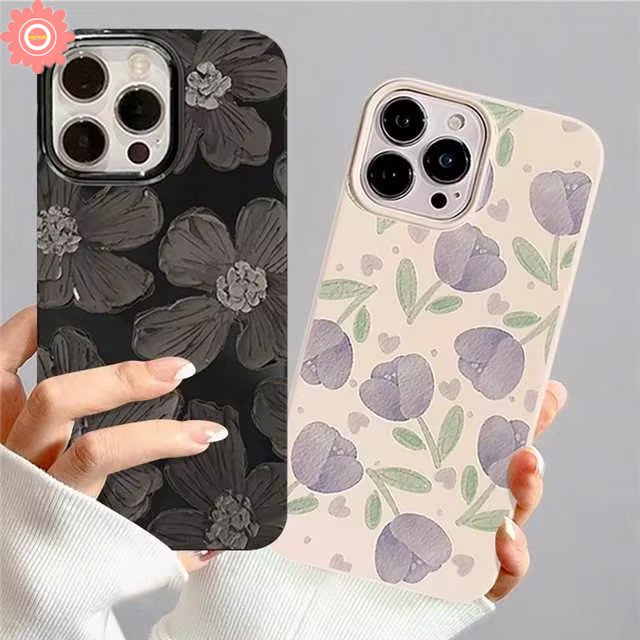 IPHONE Ins Retro Lukisan Minyak Bunga Case Kompatibel Untuk Iphone11 14 12 13 Pro Max 7Plus XR XS X Max 8Plus Se2020Musim Panas Lukisan Minyak Tulip Lembut Tpu Glossy Halus Kembali Penuh Penutup