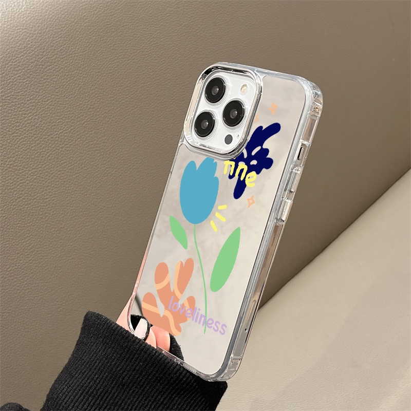 IPHONE Casing Ponsel Cermin Graffiti Bunga Kompatibel Untuk Iphone11 12 13 14 12Pro 13Pro 14Pro Pro Max XR X XS Max Electroplating Tombol Perlindungan Mirror Cover