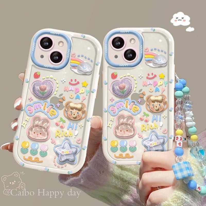 Stereoscopic Doll Puff Crystal Bear Rabbit Rainbow Silicone SoftCase IPhone XR XS Max 11 12 13 14 Pro Max 14 Plus Girl Woman's Fashion Pretty Cute Phone Case