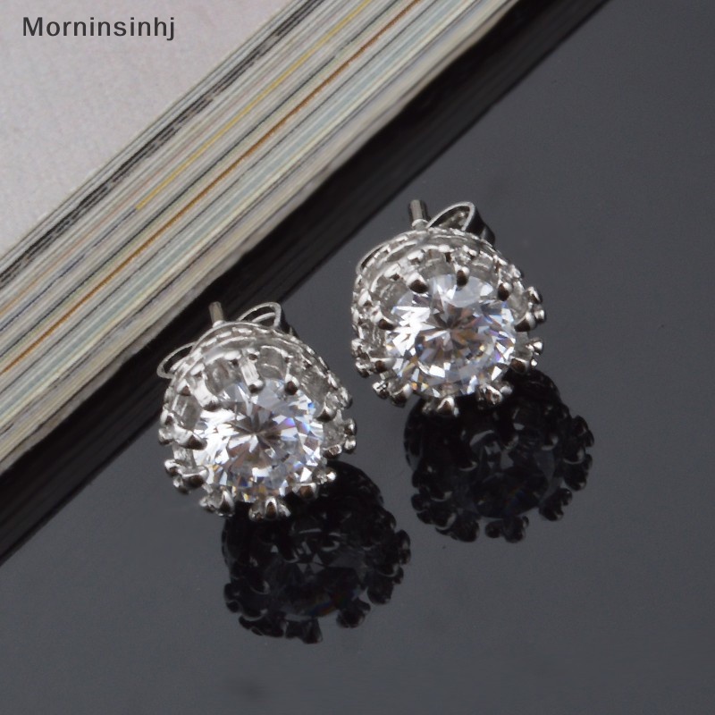 Mornin Wanita Sliver Disepuh Fashion Perhiasan 8MM Bulat Cubic Zirconia Perak Stud Earring id