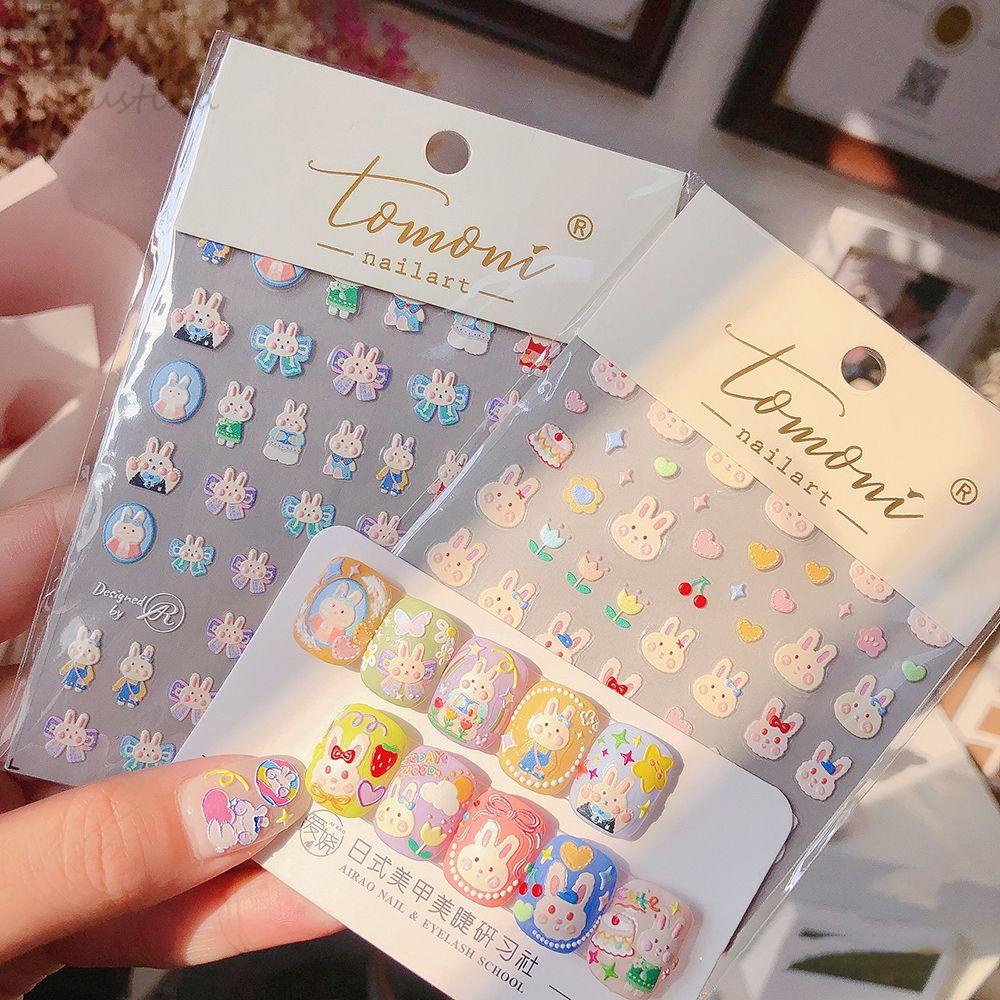 AUGUSTINA Agustina Nail Art Stiker Kawaii 5D Decal Pink Bunny Perekat Relief DIY Aksesoris Kuku