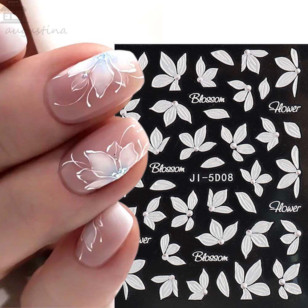 AUGUSTINA Agustina Bunga Stiker Kuku 5D Relief Alfabet Inggris Daun Self Adhesive Nail Art Dekorasi