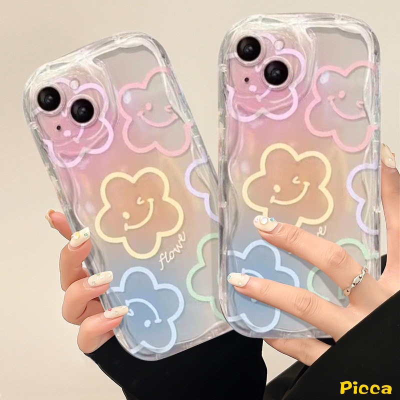 IPHONE Ins Korean Fantasy Butterfly Bow Smiley Flowers Case Kompatibel Untuk Iphone11 Pro Max XR 7Plus 6s 8 6 7 Plus 14 13 12 Pro Max X XS Max SE 2020 3D Wavy Curved Edge Glossy Cover