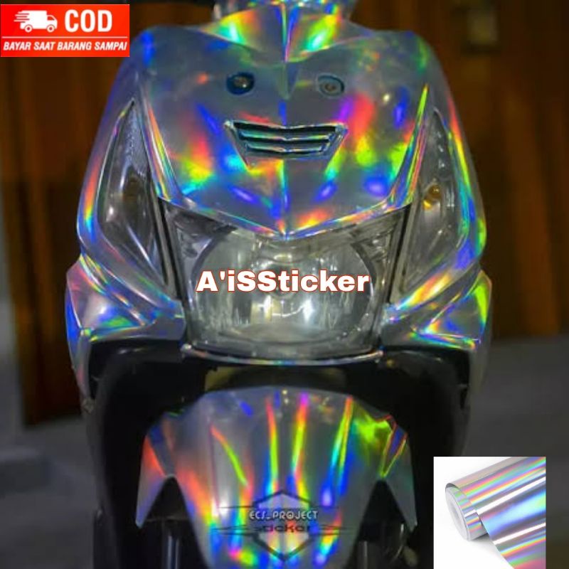 Sticker skotlet pelangi hologram putih / Sticker skotlet motor / skotlet mobil / Sticker hologram