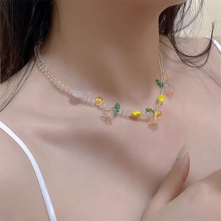 Kalung Liontin Bunga Tulip Temperamen Musim Panas Perempuan All-Match Influencer Rantai Klavikula ins Manik-Manik Akrilik