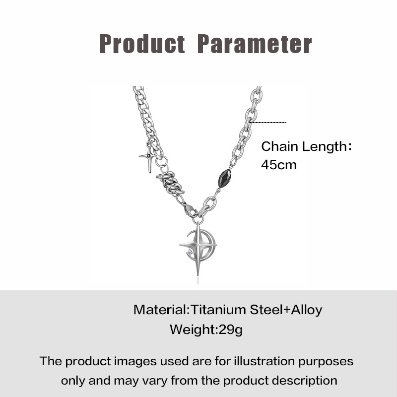 Hip Hop Titanium Steel Kalung Unisex Salib Hitam Batu Permata Bulan Sabit Liontin