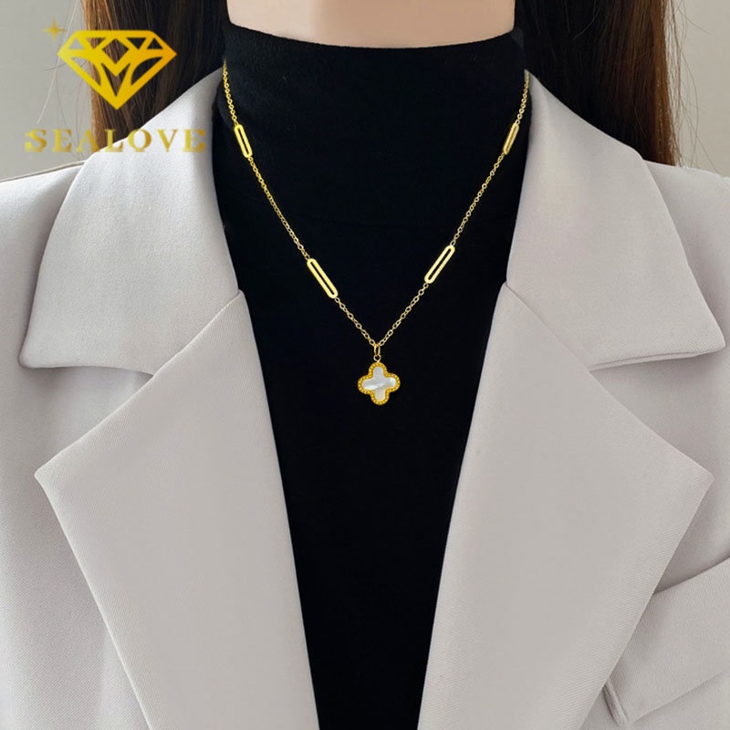 Kalung Titanium Wanita Anti Karat Bunga Clover Hitam Cantik Korea Emas 18K Aksesoris Perhiasan Necklace