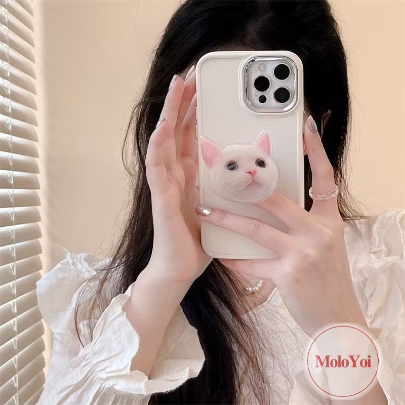 IPHONE Casing Ponsel Bracket Kucing Kitty Lucu Kompatibel Untuk Iphone11 14 13 12 Pro MAX 7plus X XR 78 Plus XS MAX Mewah Plating Bingkai Lensa Logam Warna Solid Sederhana Soft Cover